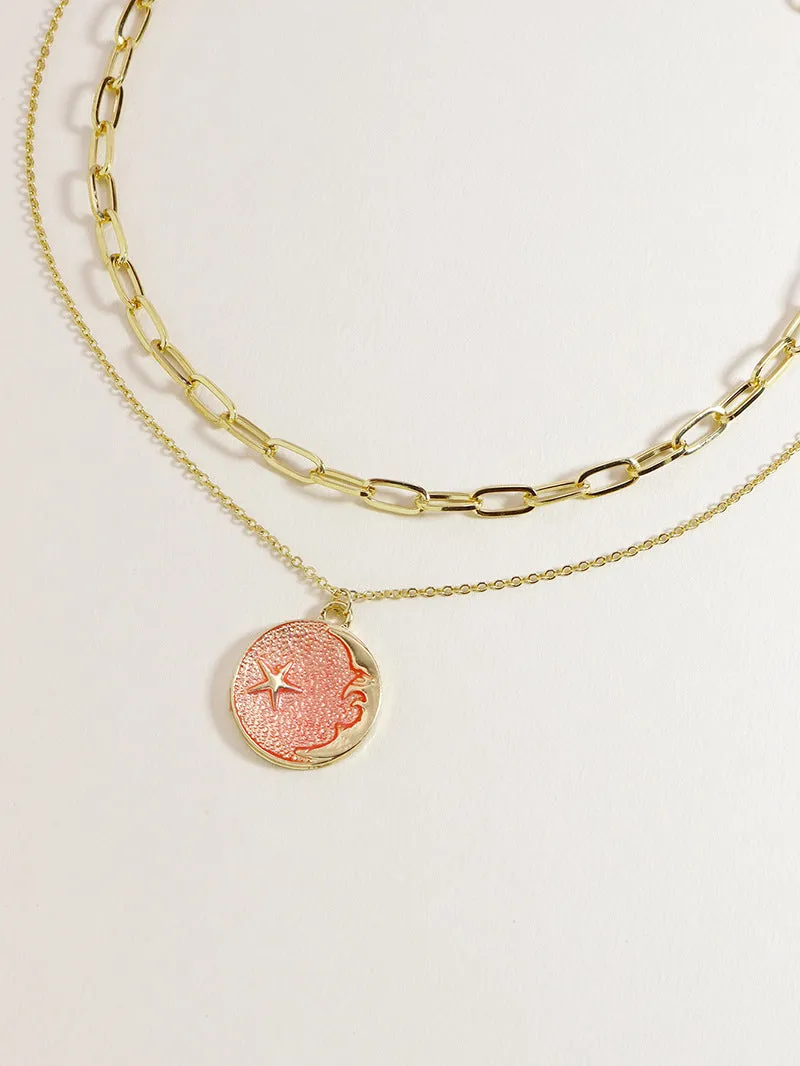 Enchanting Pink Celestial Pendant Set with Dual Necklaces - Stylish Children's Jewelry Piece for Women