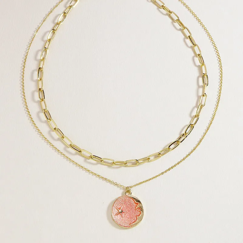 Enchanting Pink Celestial Pendant Set with Dual Necklaces - Stylish Children's Jewelry Piece for Women