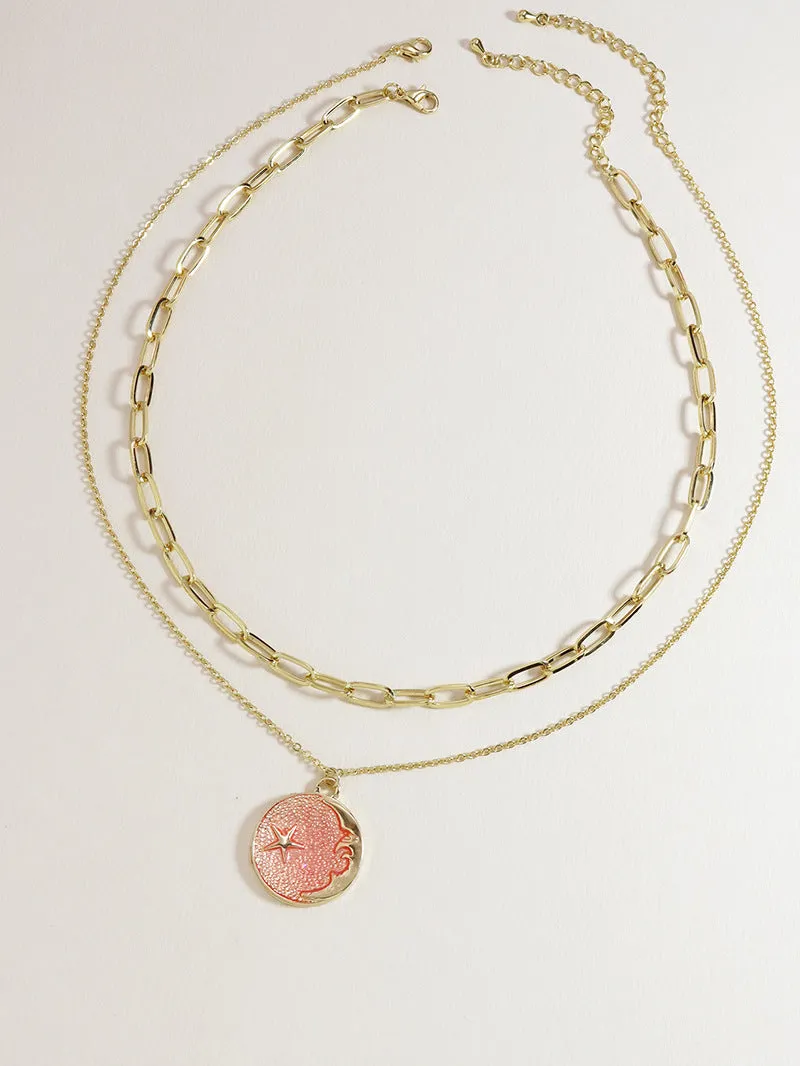 Enchanting Pink Celestial Pendant Set with Dual Necklaces - Stylish Children's Jewelry Piece for Women