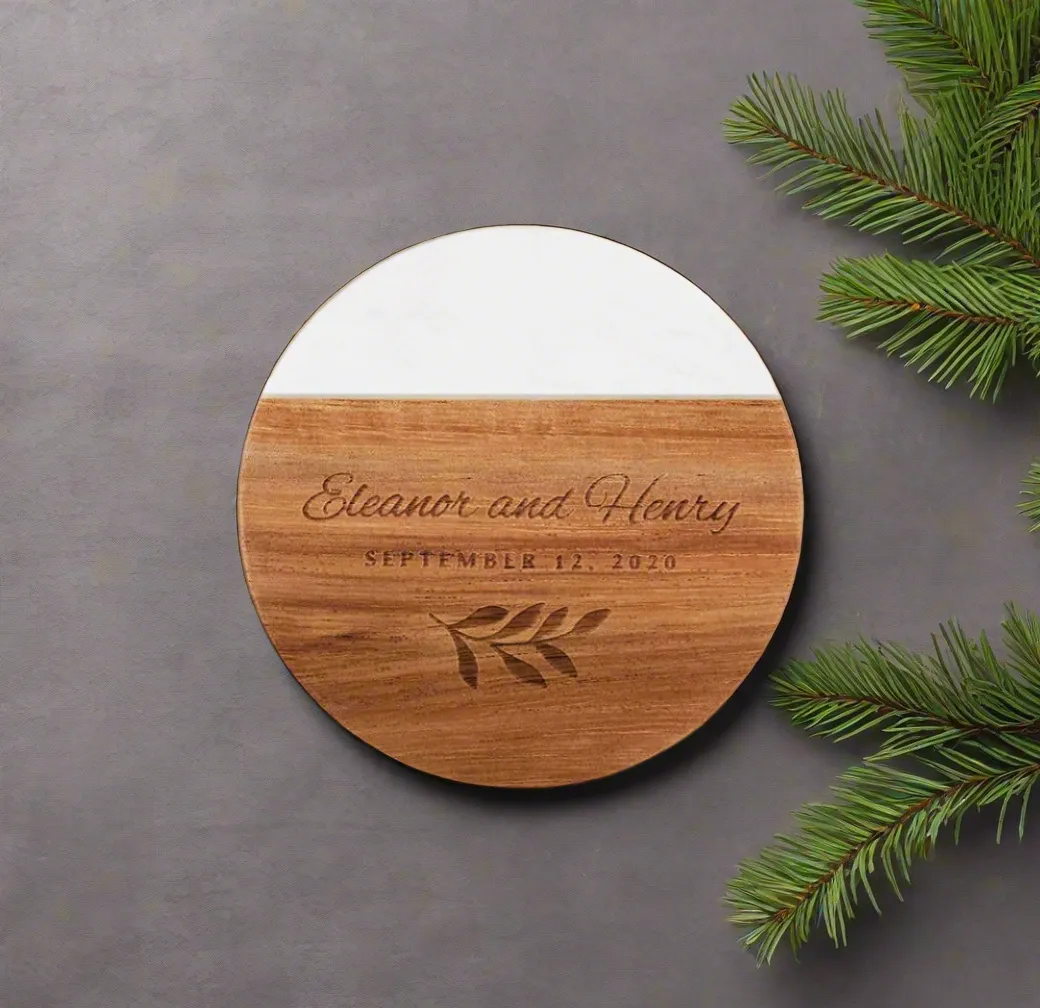 Engraved Marble and Acacia Wood Coaster