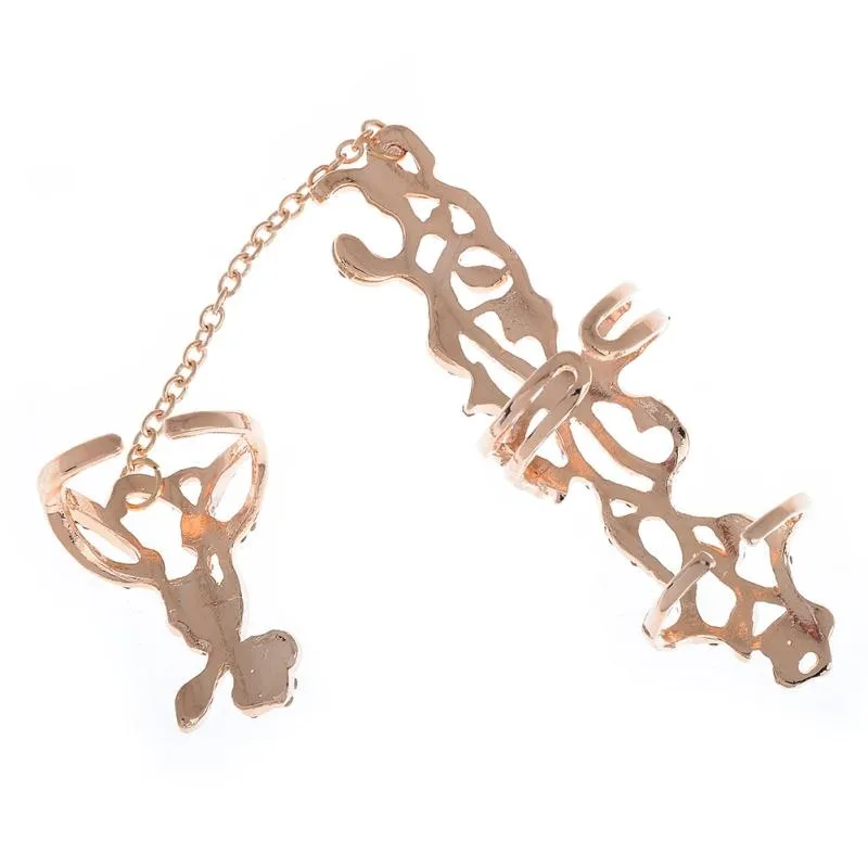 Fashion Chain Link Ring Full Rhinestone Vintage Flower Double Finger Rings