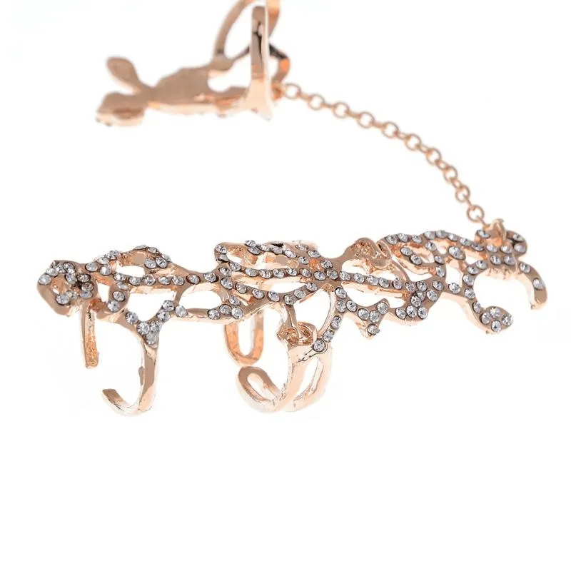 Fashion Chain Link Ring Full Rhinestone Vintage Flower Double Finger Rings