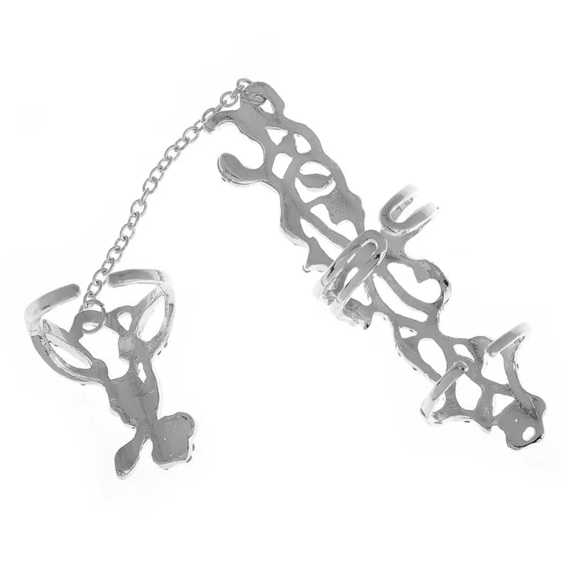 Fashion Chain Link Ring Full Rhinestone Vintage Flower Double Finger Rings