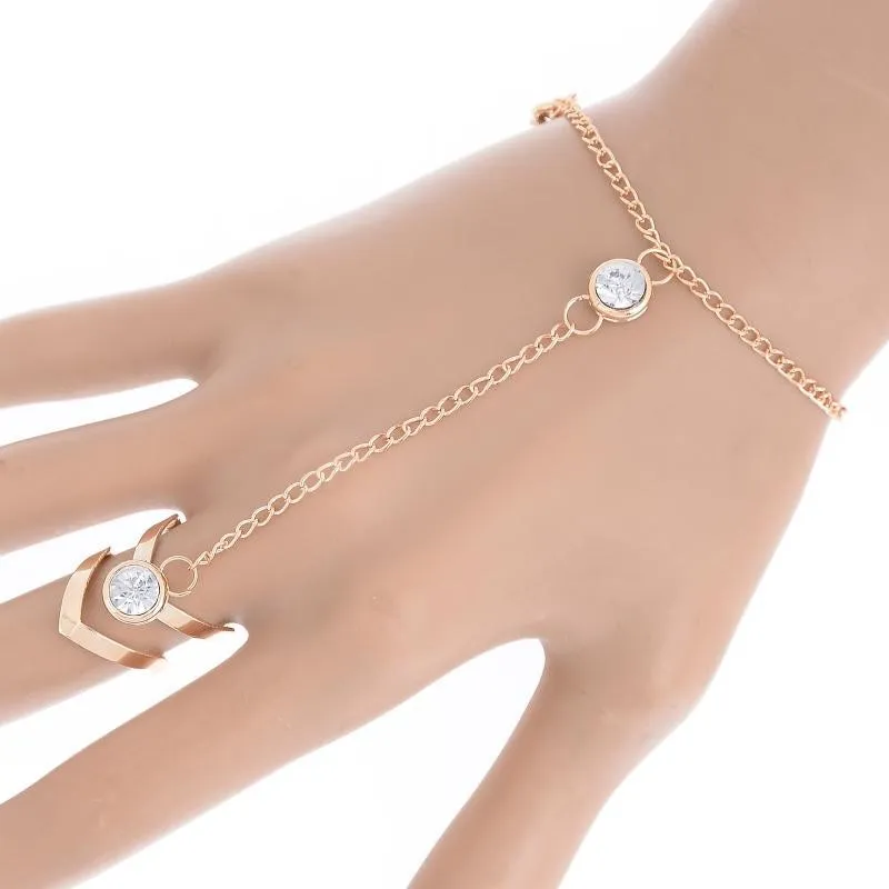 Fashion Chain Link Ring Full Rhinestone Vintage Flower Double Finger Rings