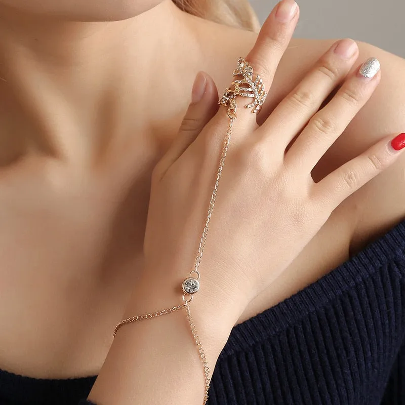 Fashion Chain Link Ring Full Rhinestone Vintage Flower Double Finger Rings