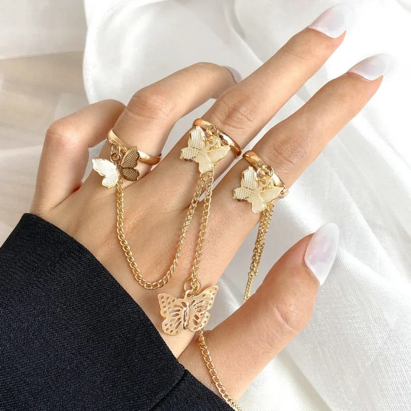 Fashion Chain Link Ring Full Rhinestone Vintage Flower Double Finger Rings