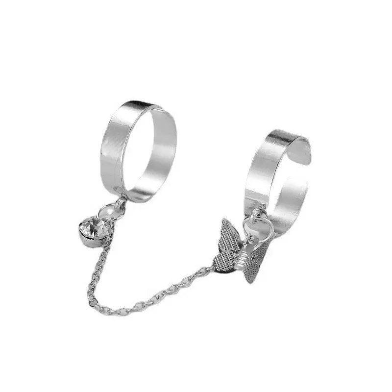 Fashion Chain Link Ring Full Rhinestone Vintage Flower Double Finger Rings