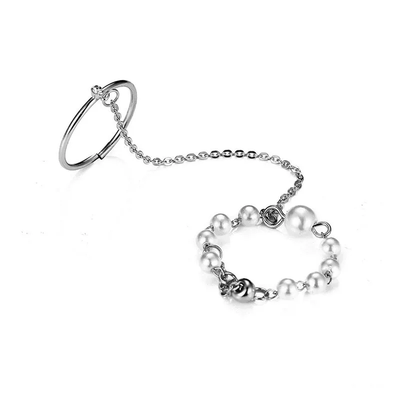 Fashion Chain Link Ring Full Rhinestone Vintage Flower Double Finger Rings