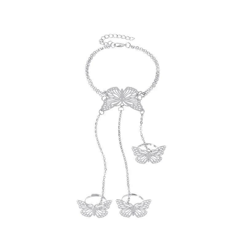 Fashion Chain Link Ring Full Rhinestone Vintage Flower Double Finger Rings