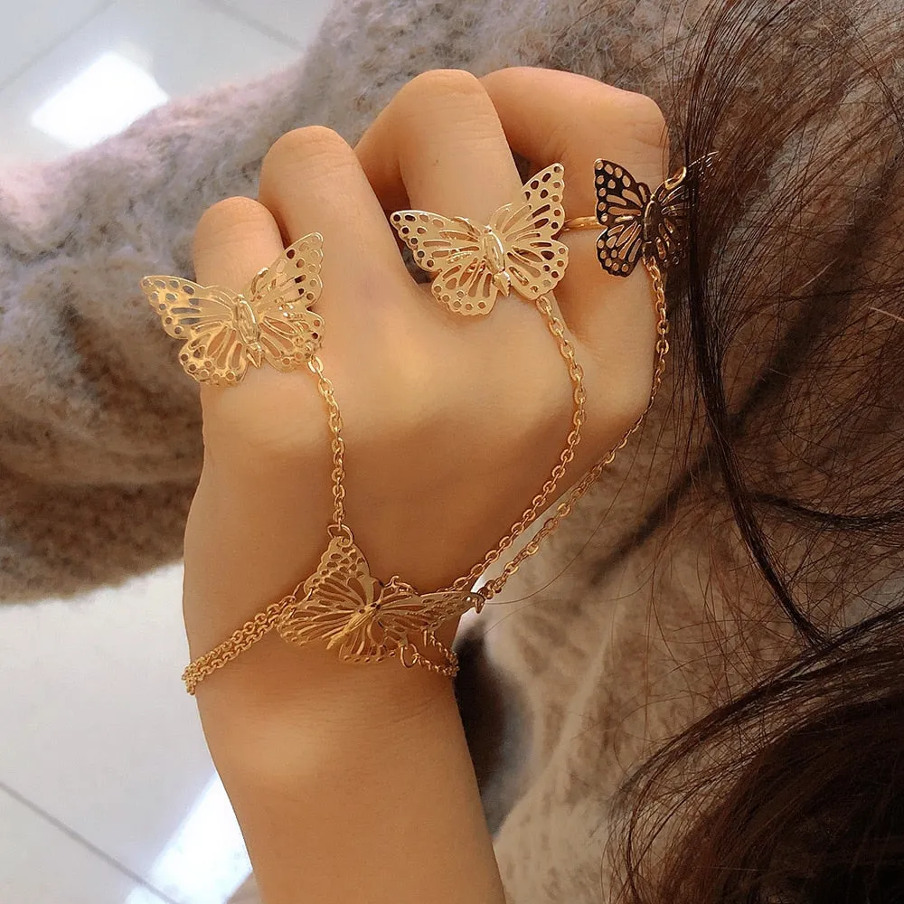 Fashion Chain Link Ring Full Rhinestone Vintage Flower Double Finger Rings