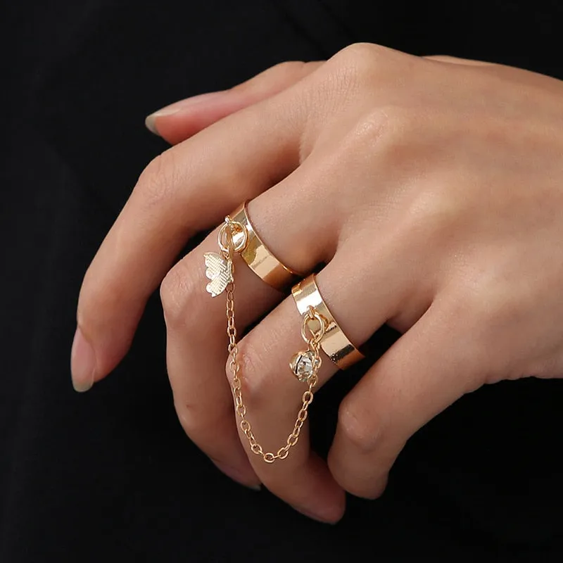 Fashion Chain Link Ring Full Rhinestone Vintage Flower Double Finger Rings