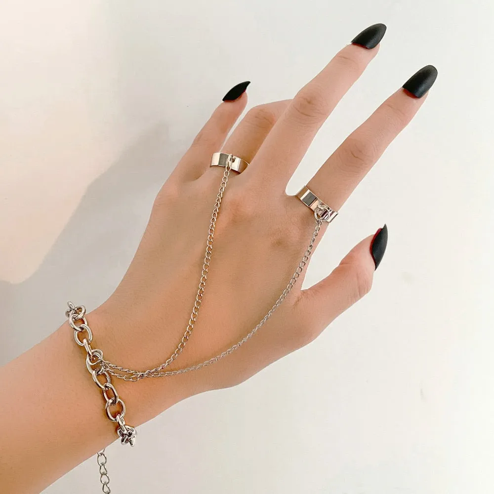 Fashion Chain Link Ring Full Rhinestone Vintage Flower Double Finger Rings