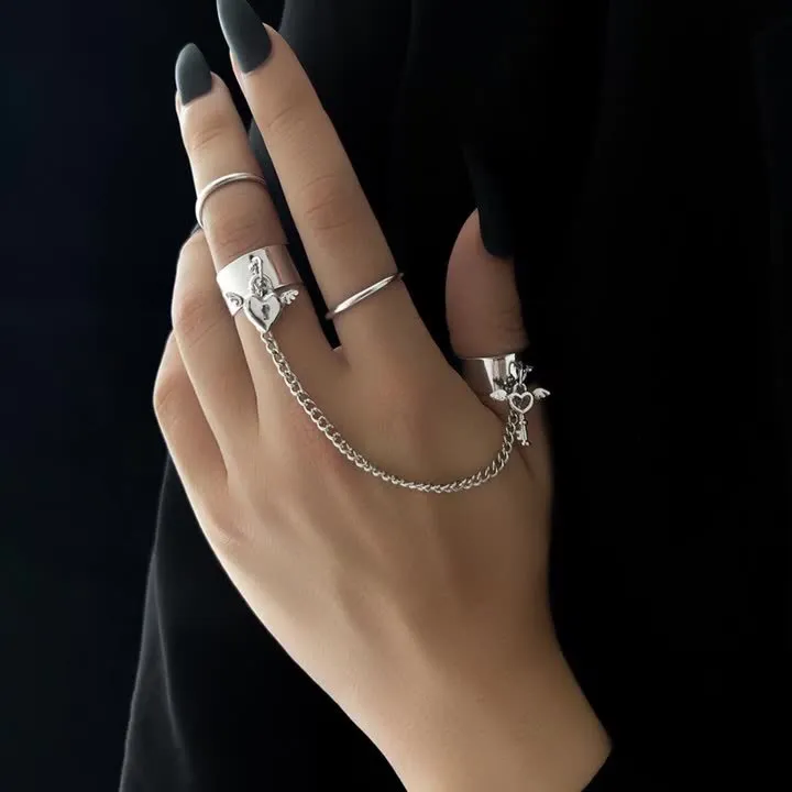 Fashion Chain Link Ring Full Rhinestone Vintage Flower Double Finger Rings