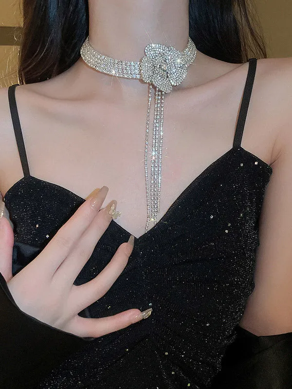Flower Shape Rhine Stones Tasseled Necklaces Accessories