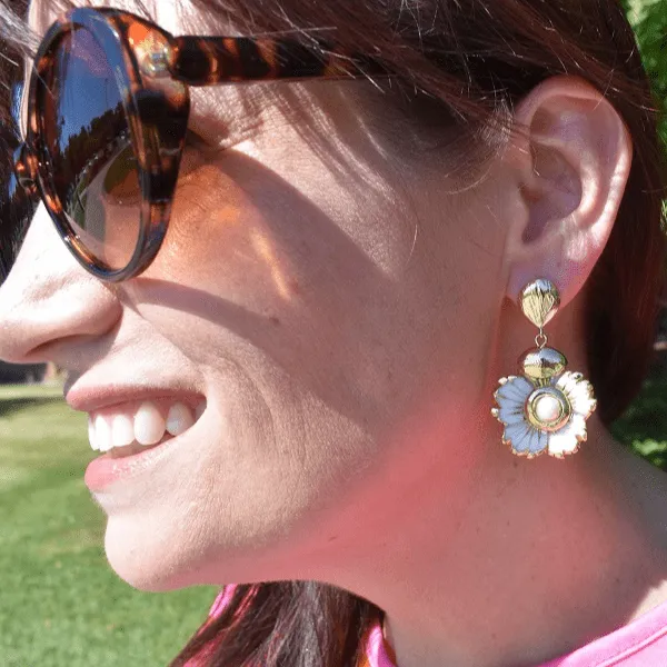 Freshwater pearl and dangling floral carved Sea Shell Earrings.