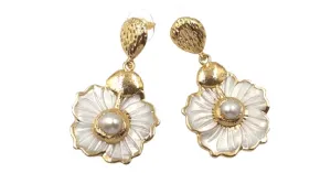 Freshwater pearl and dangling floral carved Sea Shell Earrings.