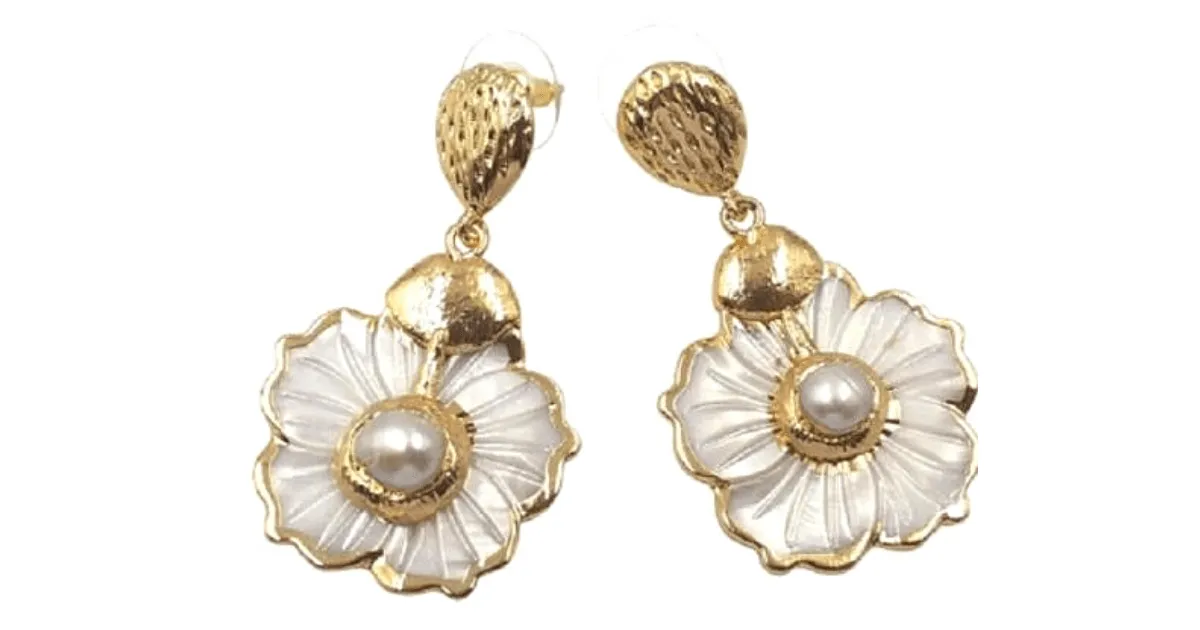 Freshwater pearl and dangling floral carved Sea Shell Earrings.