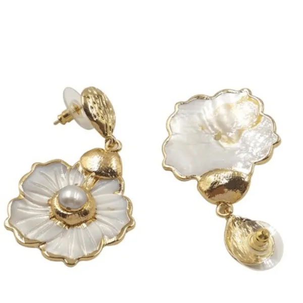 Freshwater pearl and dangling floral carved Sea Shell Earrings.