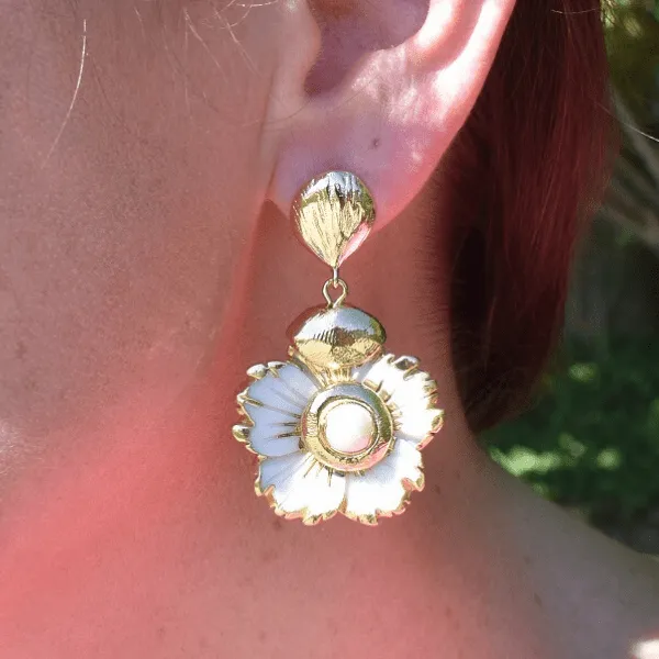 Freshwater pearl and dangling floral carved Sea Shell Earrings.