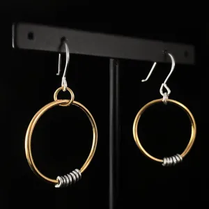 Gold Hoop Earrings with Silver Coils, Handmade - Recycled Materials