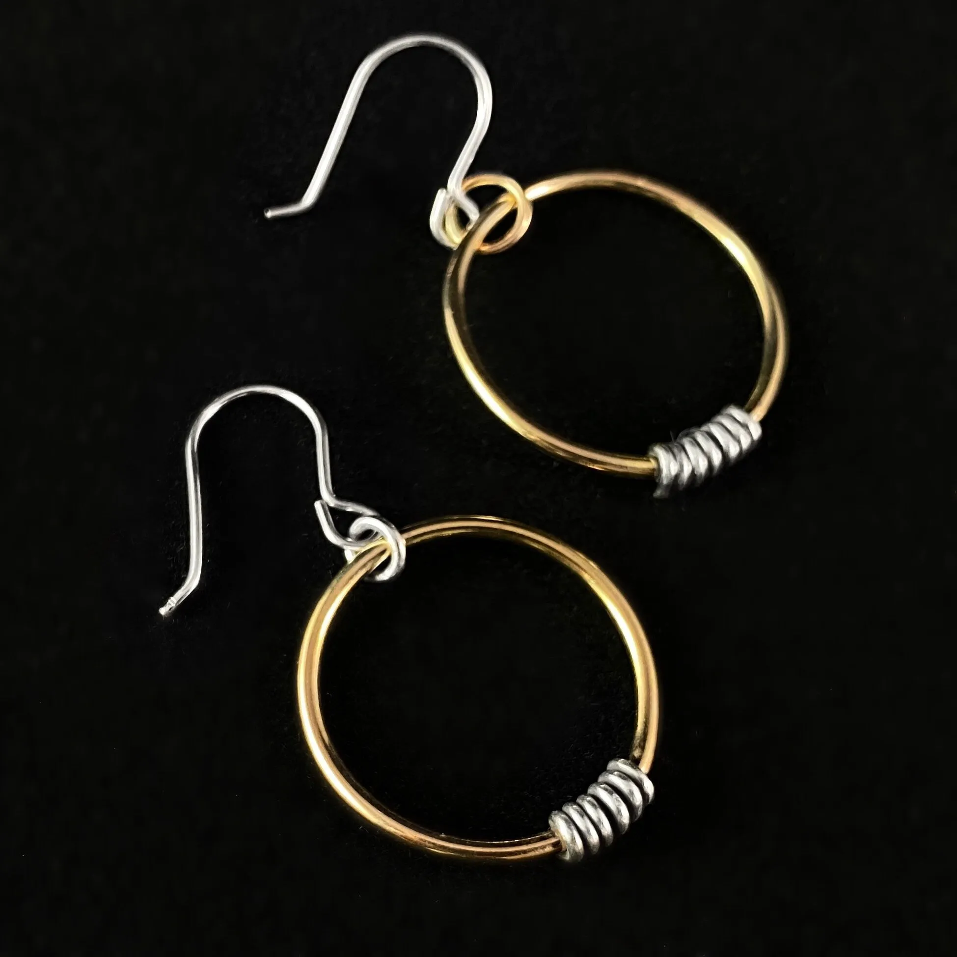Gold Hoop Earrings with Silver Coils, Handmade - Recycled Materials