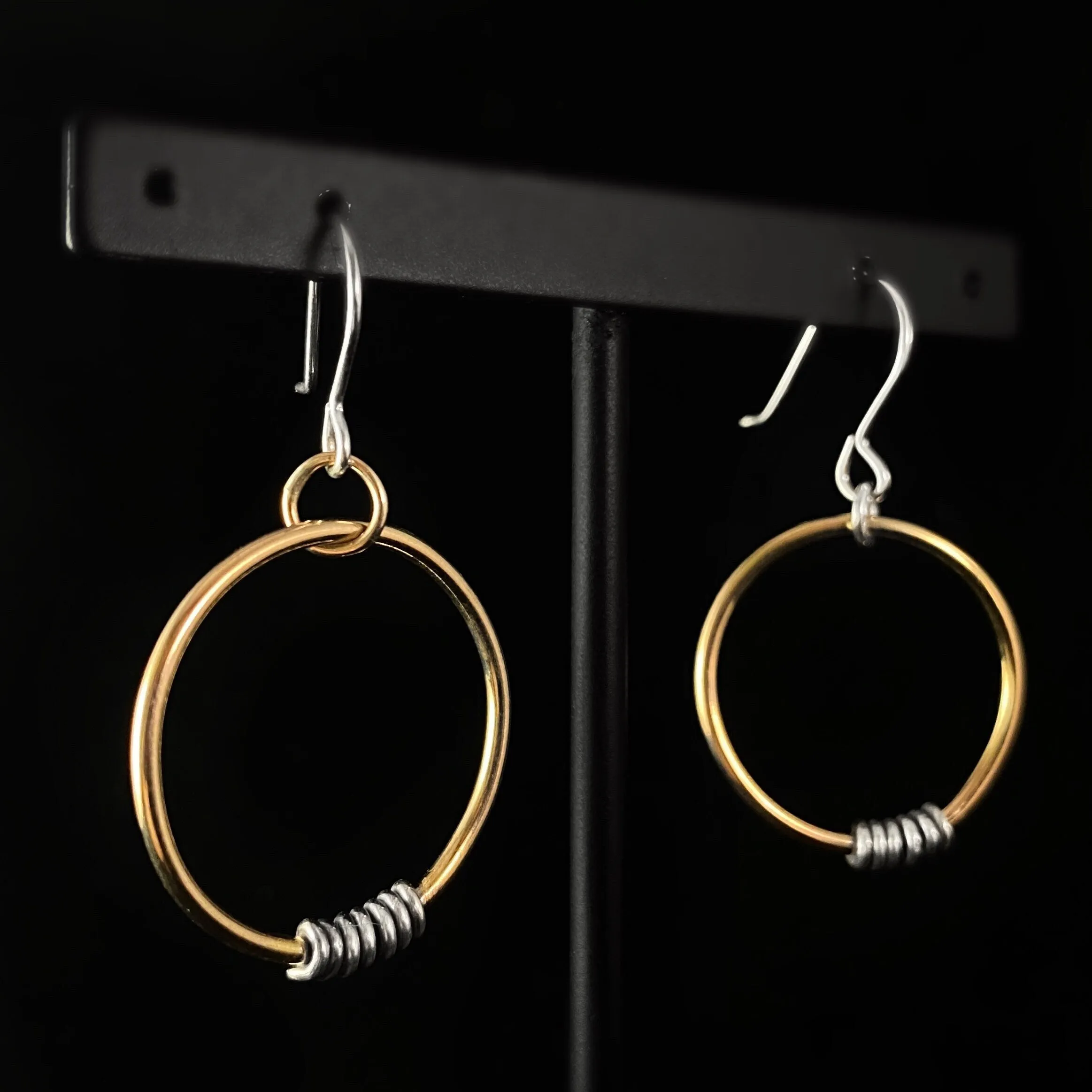 Gold Hoop Earrings with Silver Coils, Handmade - Recycled Materials