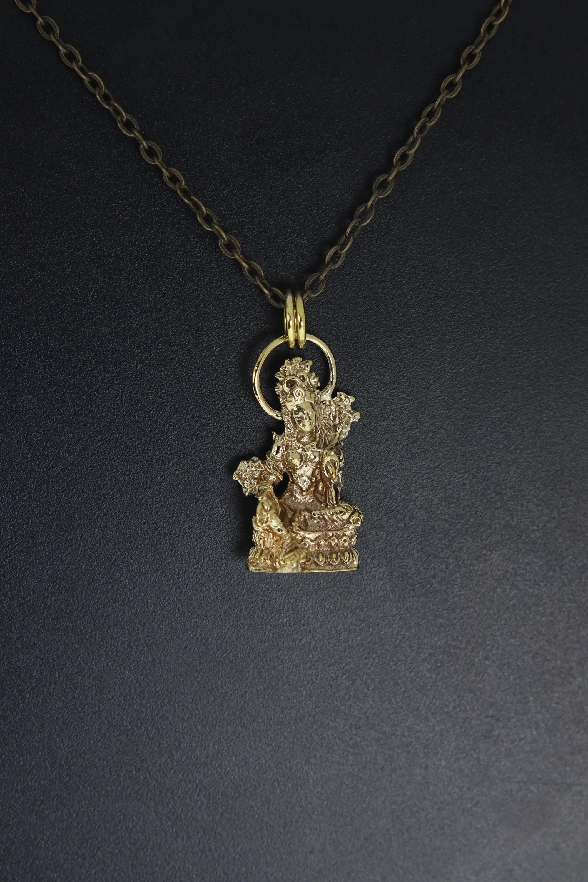 Gold Plated Brass Pendant Depicting Goddess Sarasvati - Cast Pendant - Promotes Longevity & Protection - Hinduism Jewellery