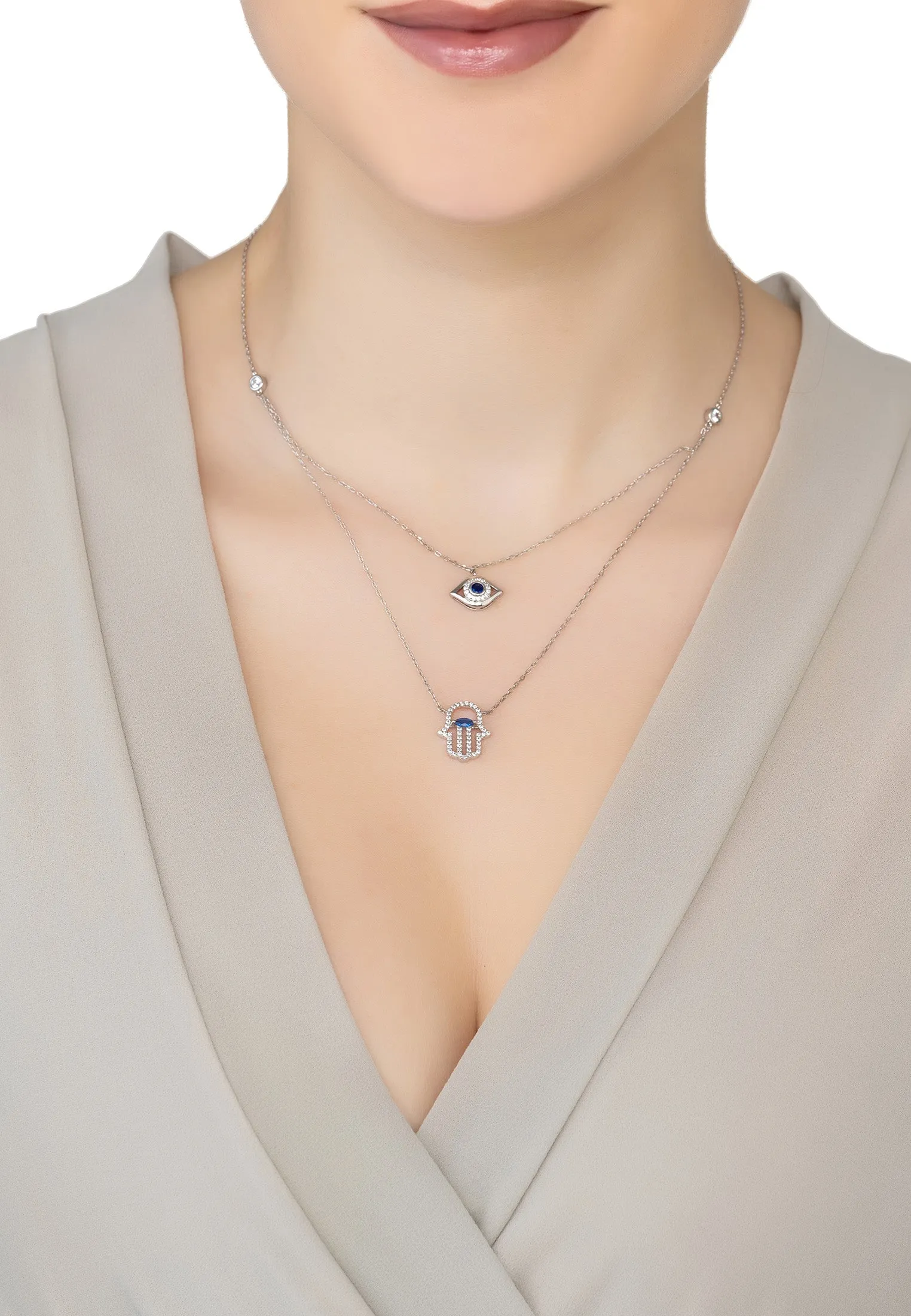 Hamsa Hand & Evil Eye Layered Necklace in Silver