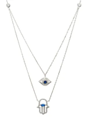 Hamsa Hand & Evil Eye Layered Necklace in Silver