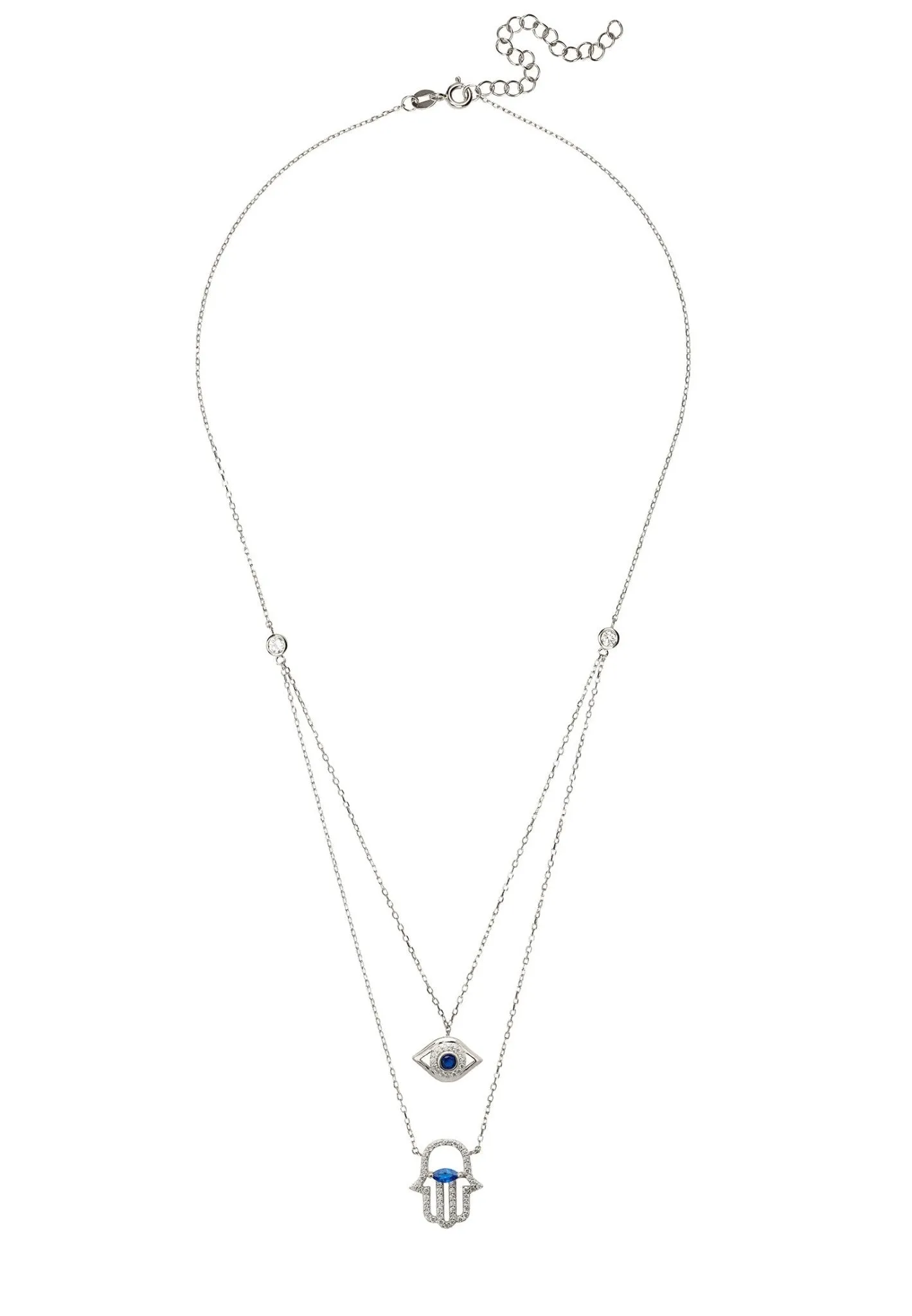 Hamsa Hand & Evil Eye Layered Necklace in Silver