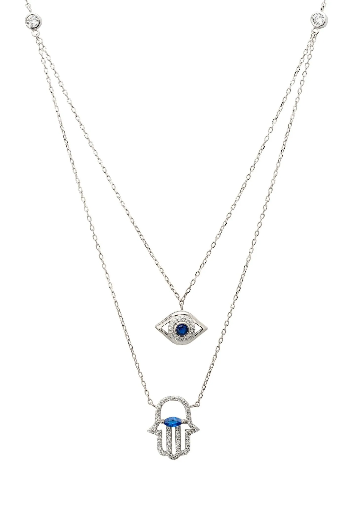 Hamsa Hand & Evil Eye Layered Necklace in Silver