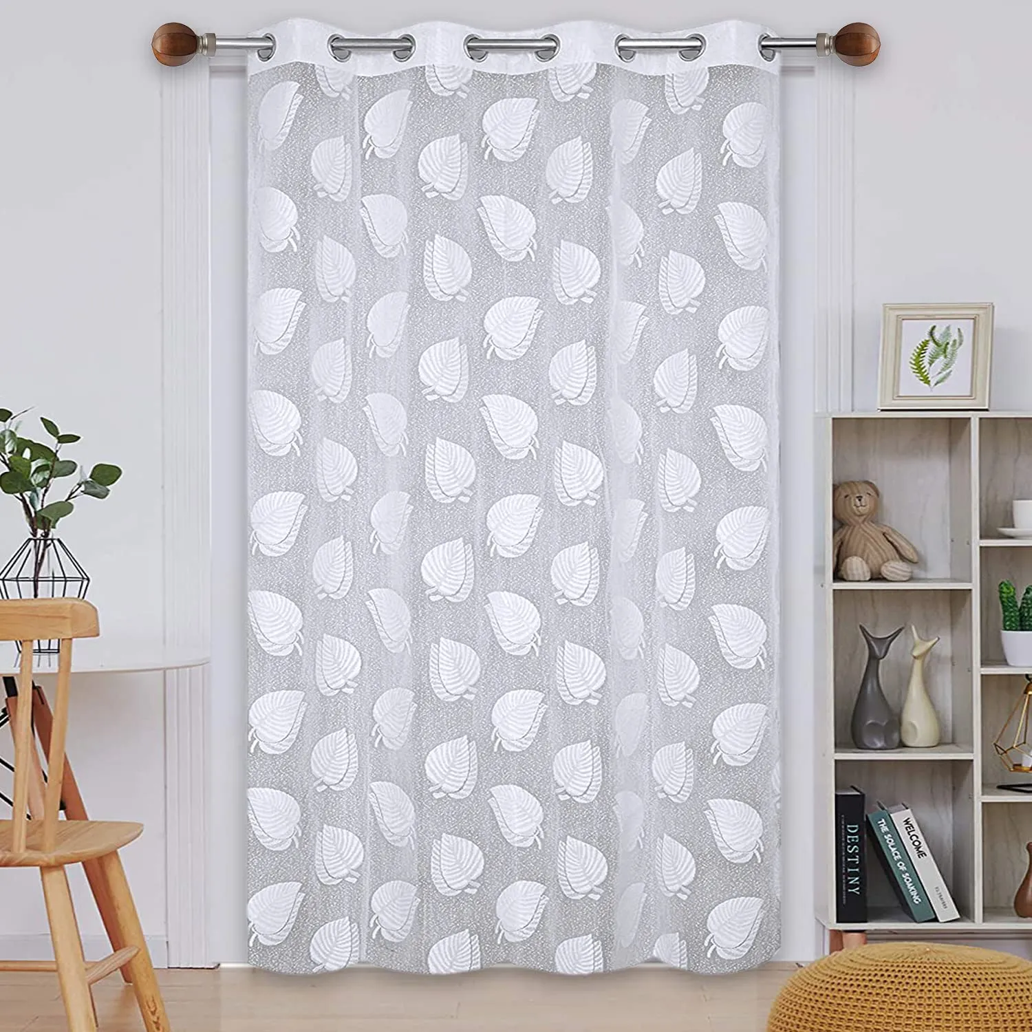 Heart Home Leaf Print 7 Feet Cotton Door Curtain for Living Room, Bed Room, Kids Room with 8 Eyelets (White)-50HH01060