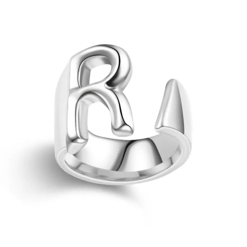 Hollow A-Z Letter Stainless Steel Adjustable Open Ring