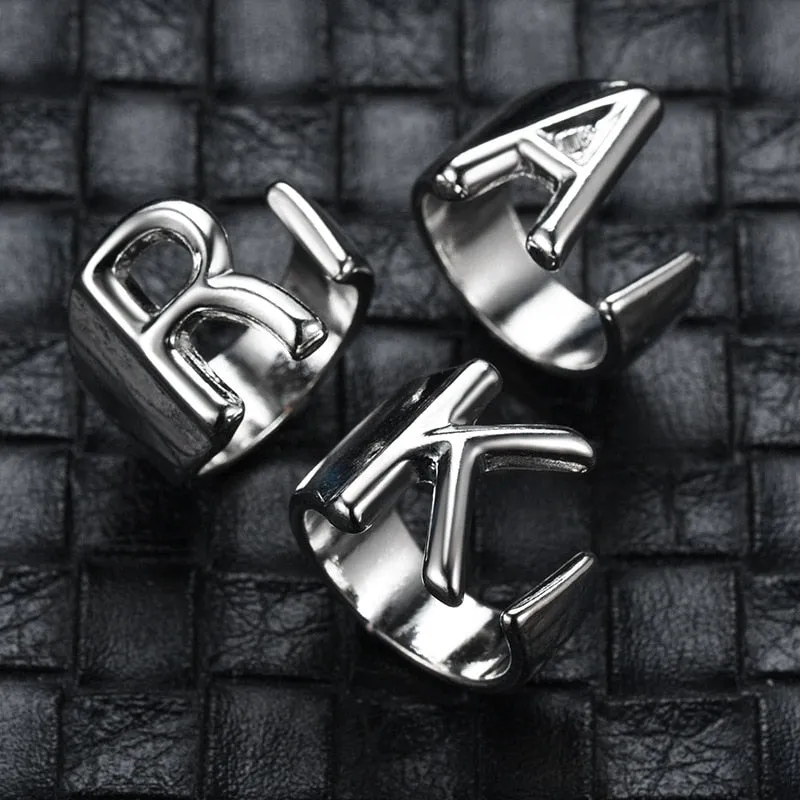 Hollow A-Z Letter Stainless Steel Adjustable Open Ring