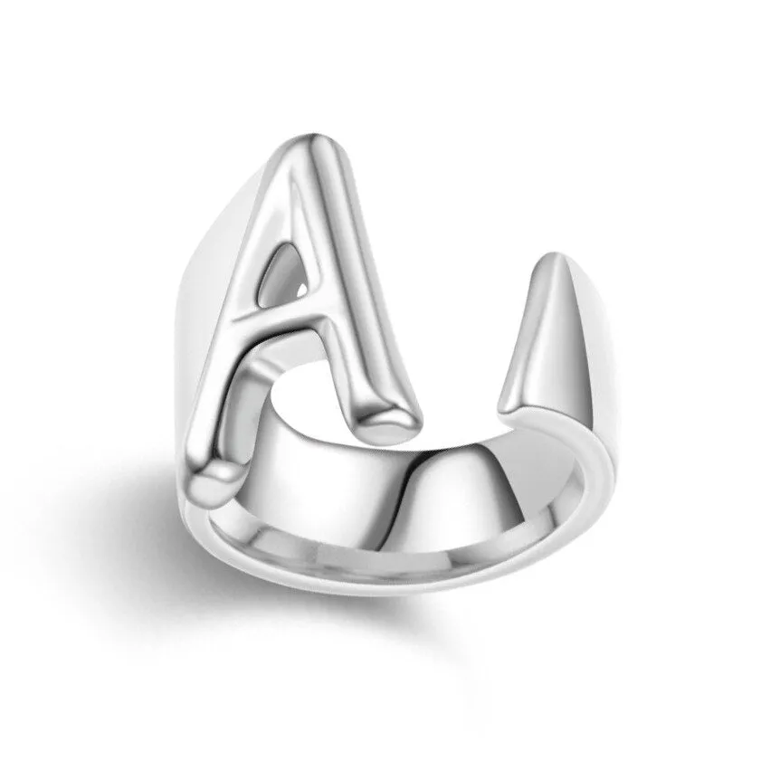 Hollow A-Z Letter Stainless Steel Adjustable Open Ring