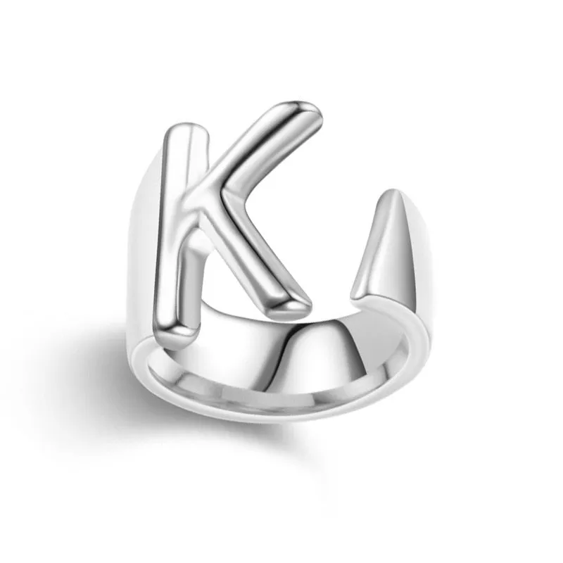Hollow A-Z Letter Stainless Steel Adjustable Open Ring