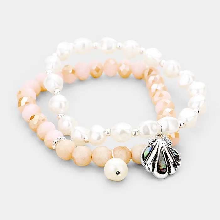 iLLASPARKZ 2PCS Freshwater Pearl Abalone Shell Charm Stretch Bracelet