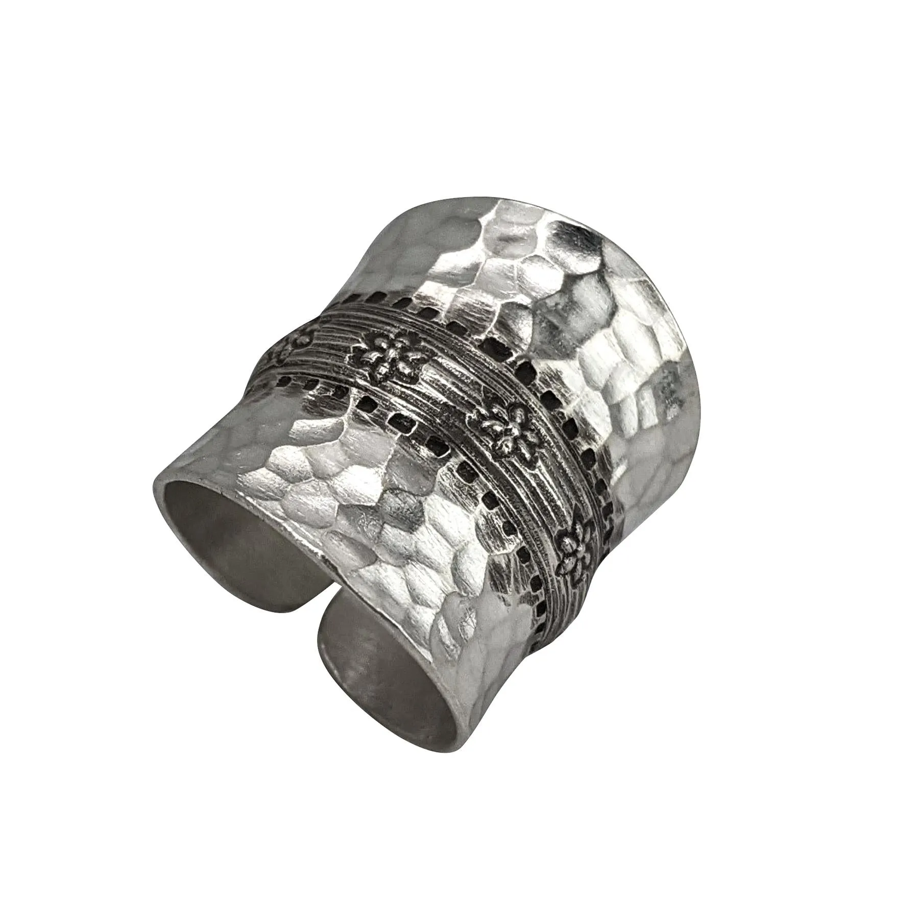 Karen Hill Tribe Silver Hammered Flower Motif Full-Finger Ring - Wide Concave Band