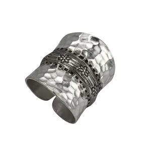 Karen Hill Tribe Silver Hammered Flower Motif Full-Finger Ring - Wide Concave Band