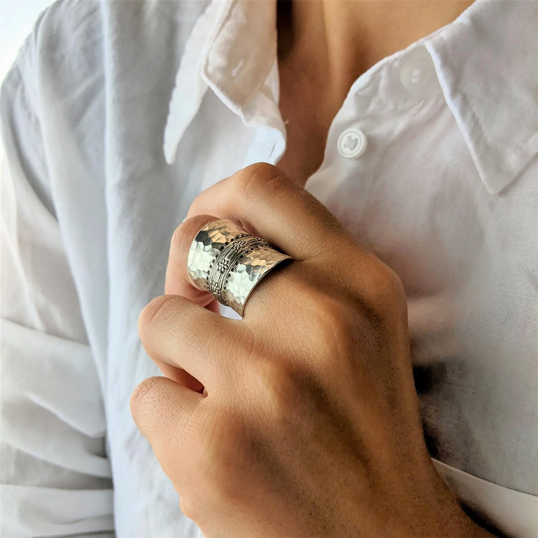 Karen Hill Tribe Silver Hammered Flower Motif Full-Finger Ring - Wide Concave Band