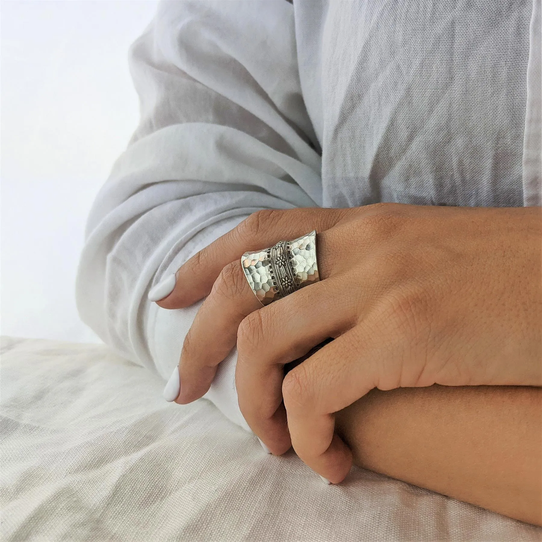 Karen Hill Tribe Silver Hammered Flower Motif Full-Finger Ring - Wide Concave Band