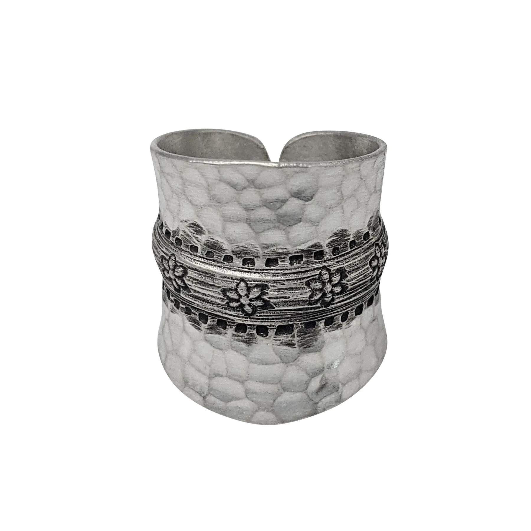 Karen Hill Tribe Silver Hammered Flower Motif Full-Finger Ring - Wide Concave Band