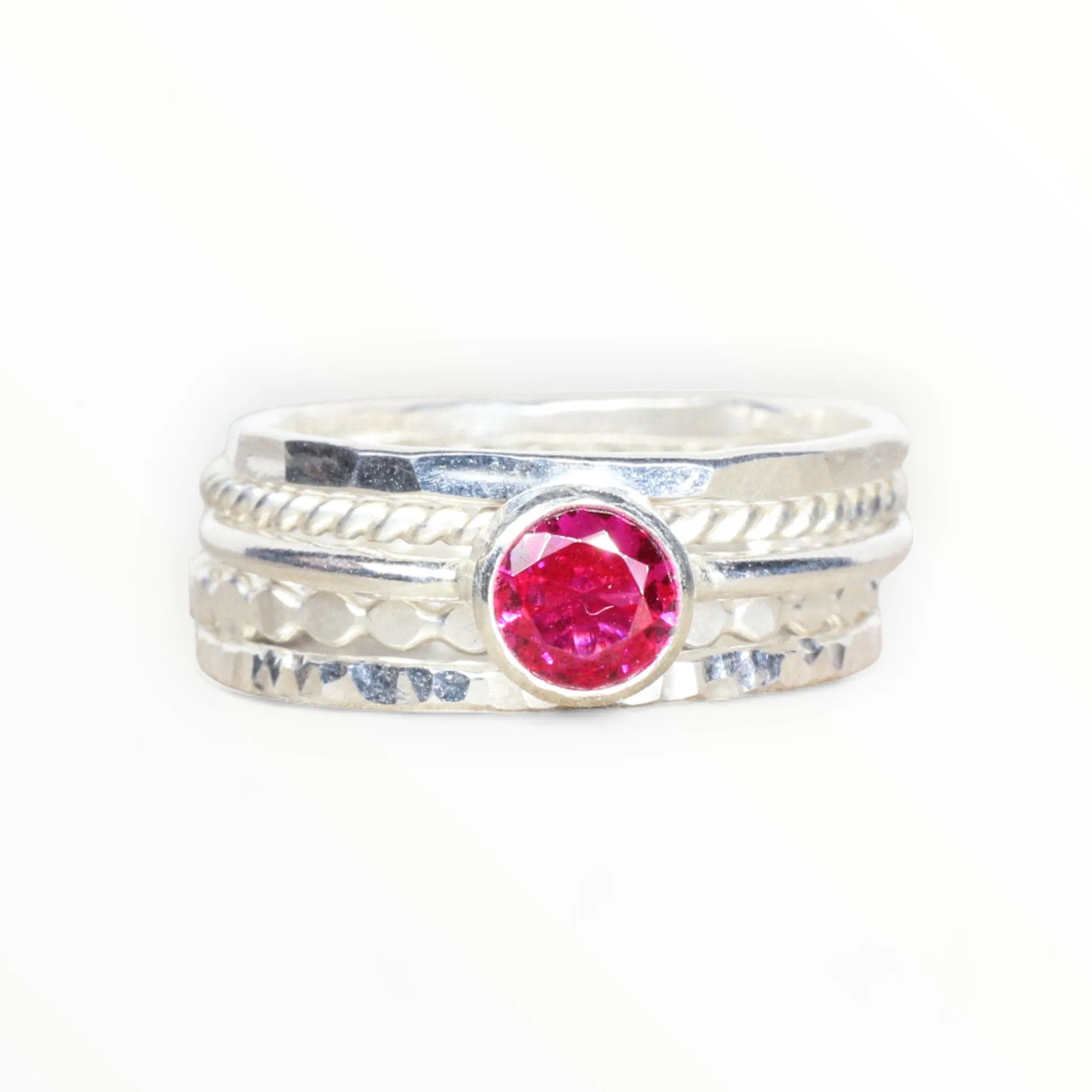 Lab Ruby Stacking Ring Set in Sterling Silver // 5mm Faceted Gemstone July Birthstone