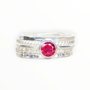 Lab Ruby Stacking Ring Set in Sterling Silver // 5mm Faceted Gemstone July Birthstone