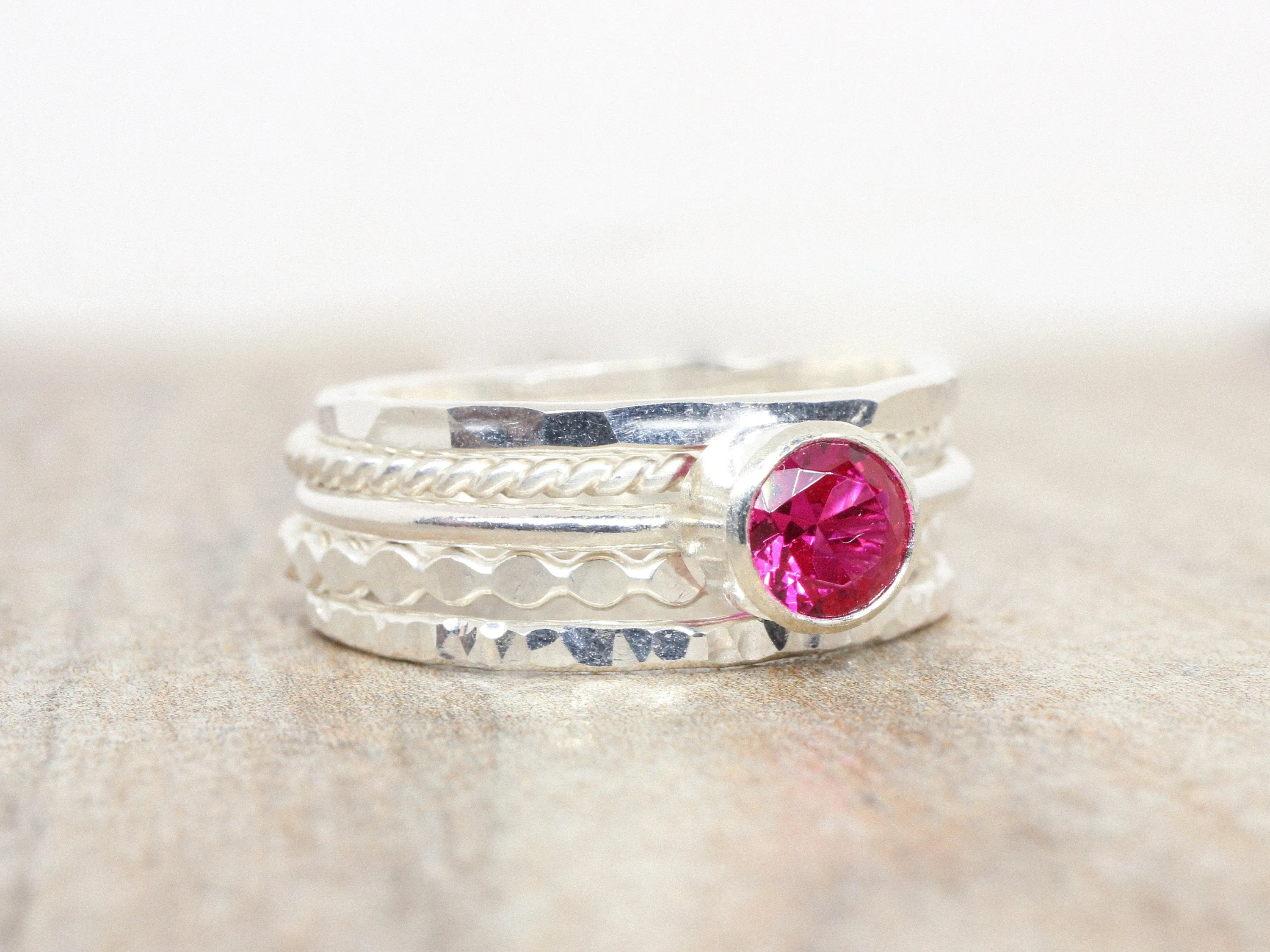 Lab Ruby Stacking Ring Set in Sterling Silver // 5mm Faceted Gemstone July Birthstone