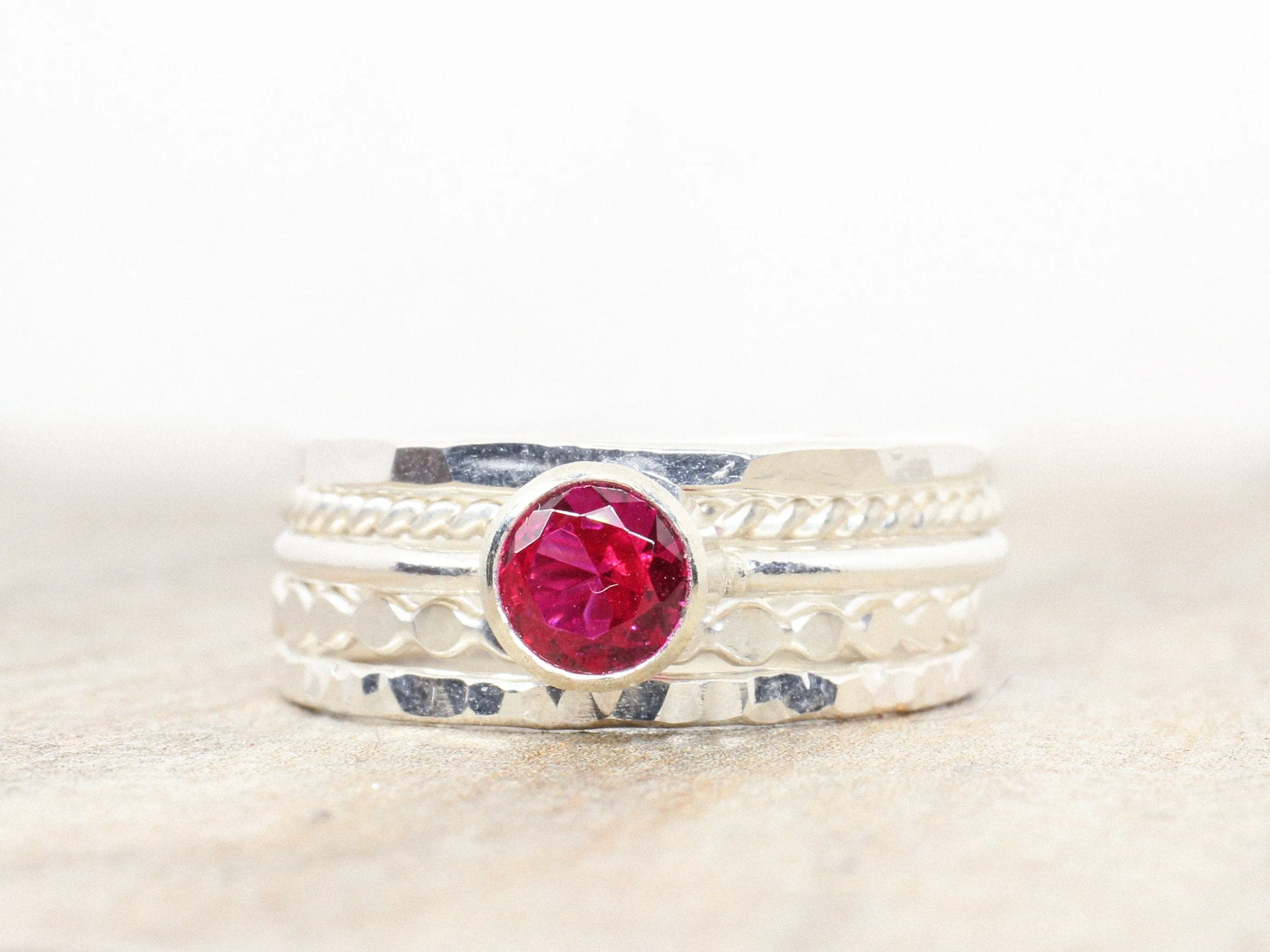 Lab Ruby Stacking Ring Set in Sterling Silver // 5mm Faceted Gemstone July Birthstone