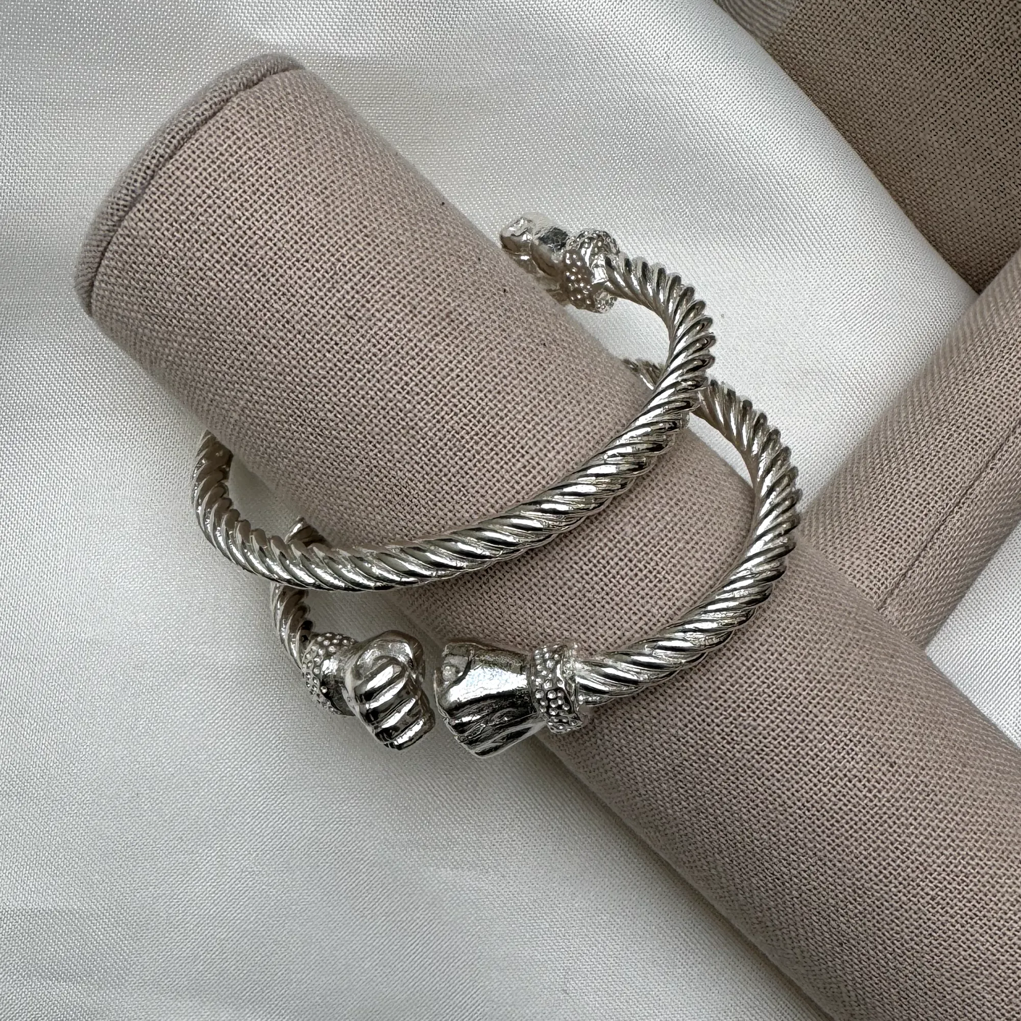 Large Fist Ends Coiled Rope Thick West Indian Bangles .925 Sterling Silver MADE IN USA, 1 pair