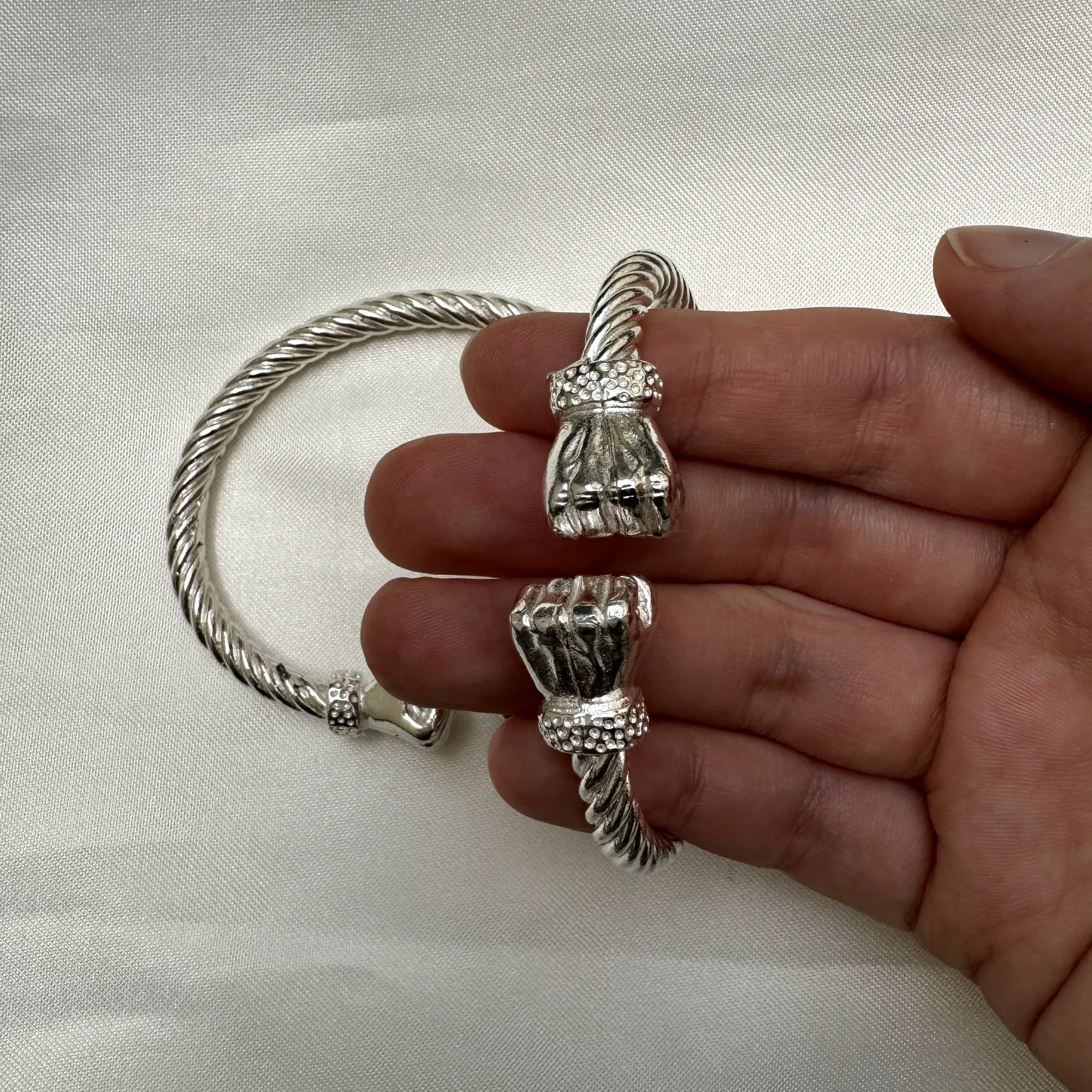 Large Fist Ends Coiled Rope Thick West Indian Bangles .925 Sterling Silver MADE IN USA, 1 pair