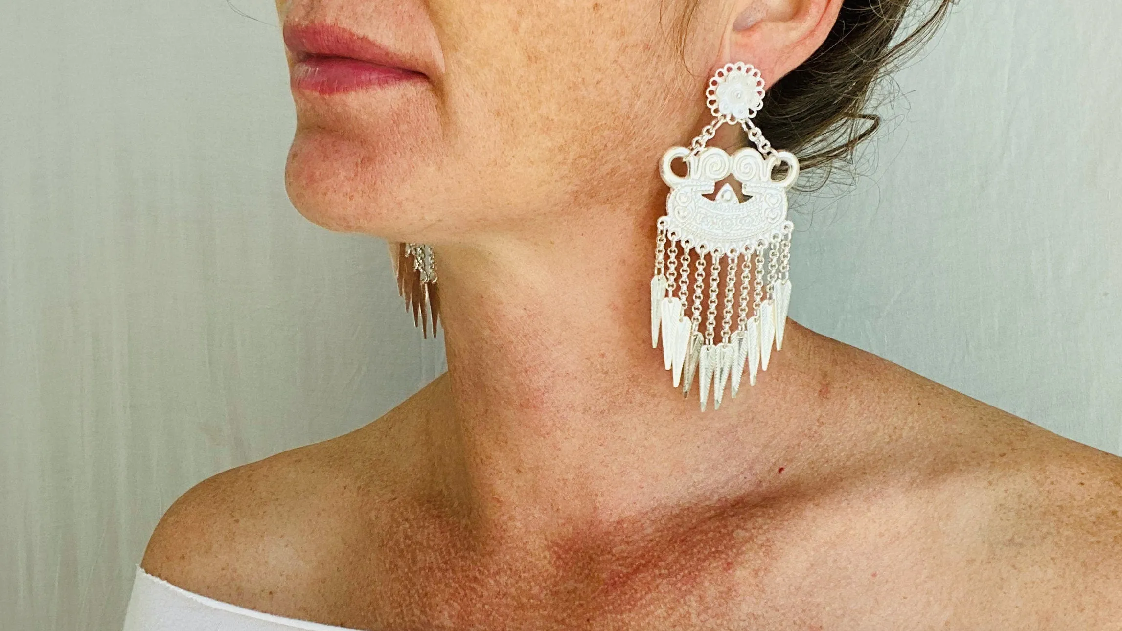 Large Silver Dangle Earrings. Hmong
