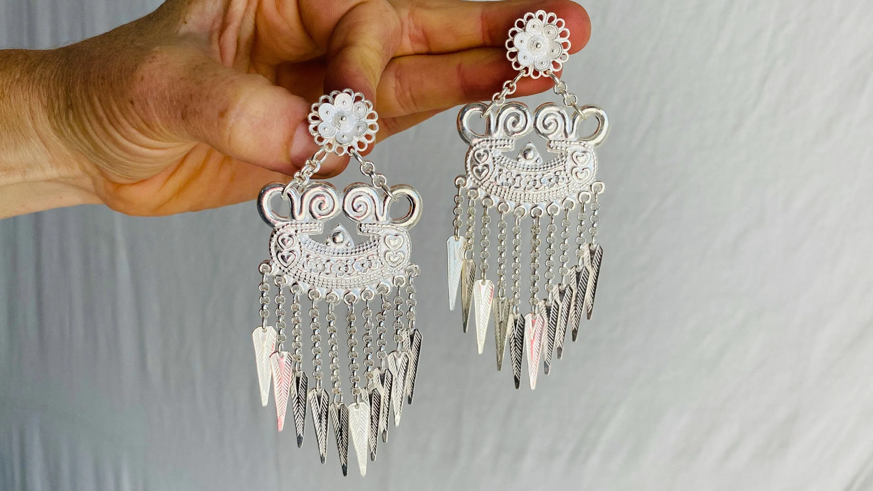 Large Silver Dangle Earrings. Hmong